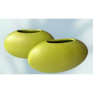 ASA Germany MCM Pair of Floral Vases Oval Slender Lime Green Signed Vintage